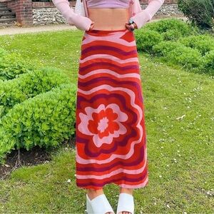 Zara Pink and Red Wave Maxi Skirt